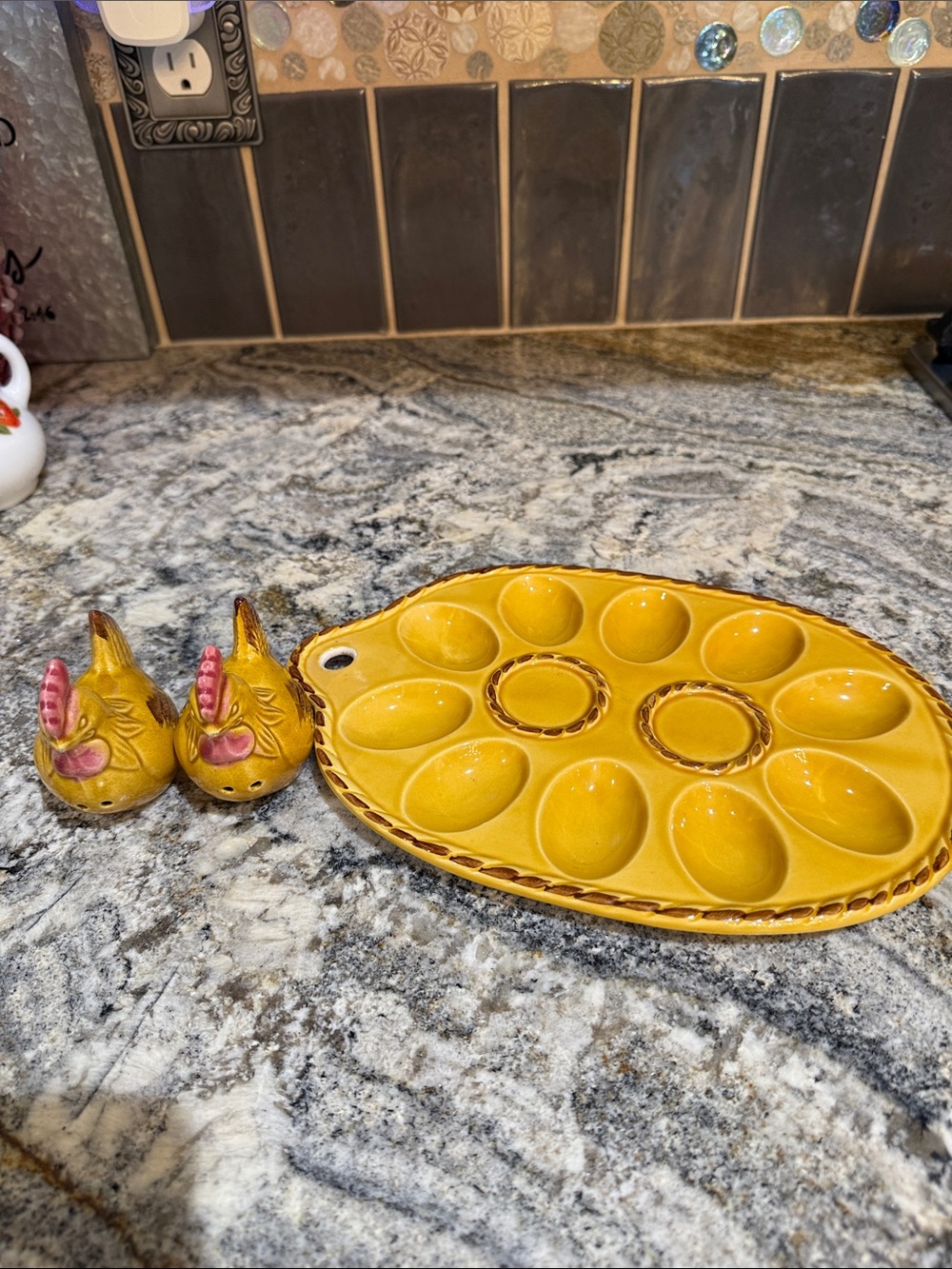 Vintage Yellow Ceramic Deviled Egg Serving Platter & salt & pepper shakers